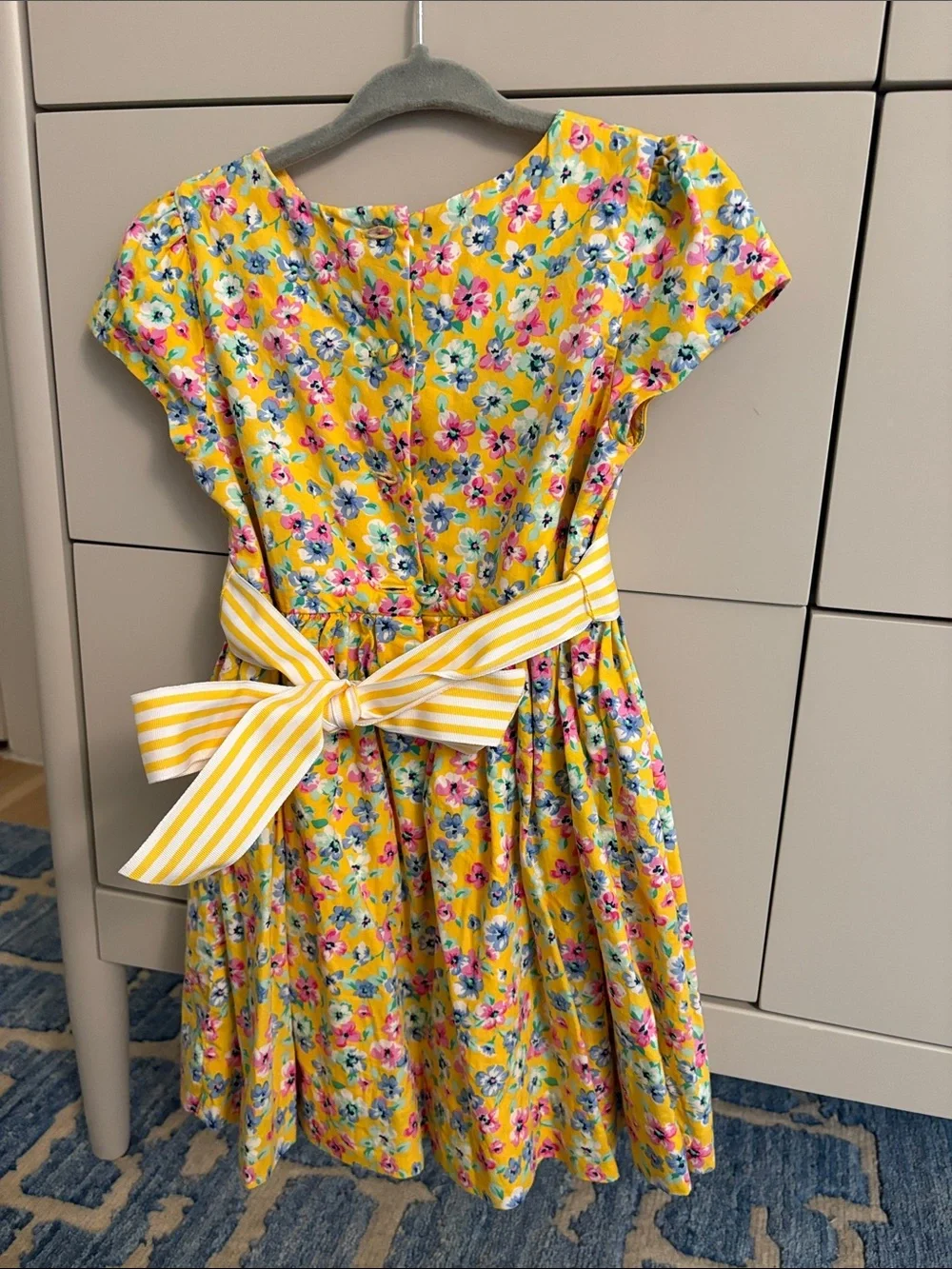 Ralph Lauren Yellow Floral Cotton Dress with Striped Waistband